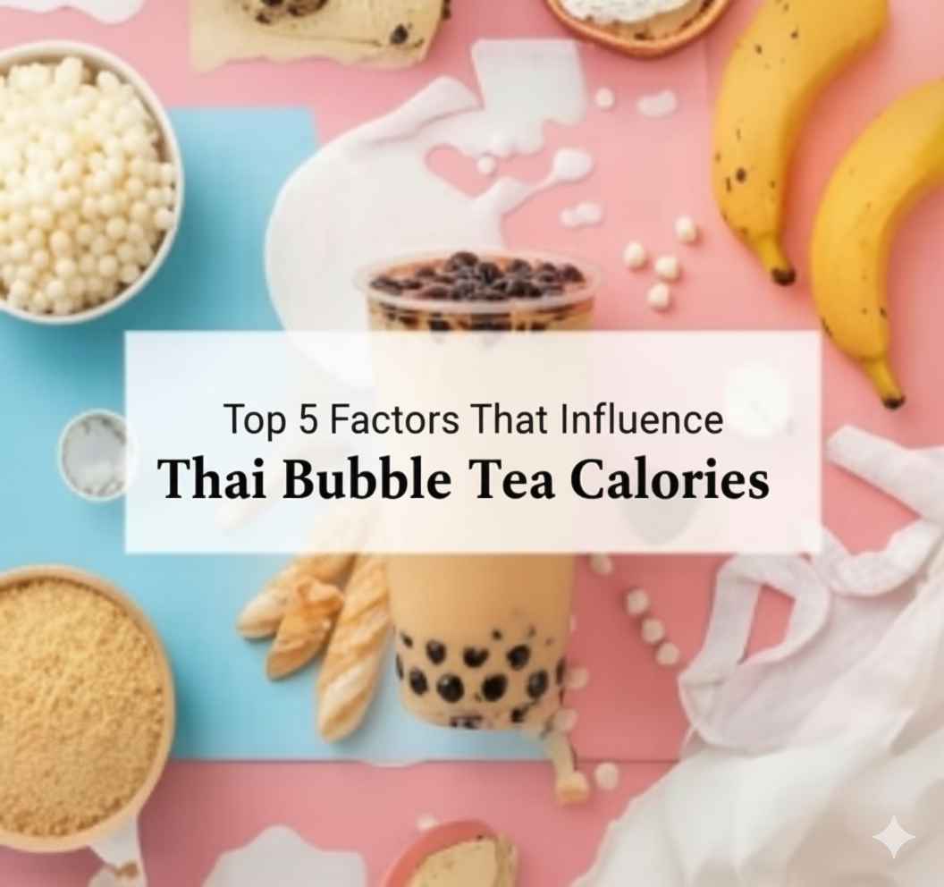 Thai bubble tea calories concept with iced milk tea, boba pearls, and ingredients on colorful background